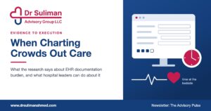 DSAG graphic: When Charting Crowds Out Care, with an EHR screen, a clock and a heartbeat
