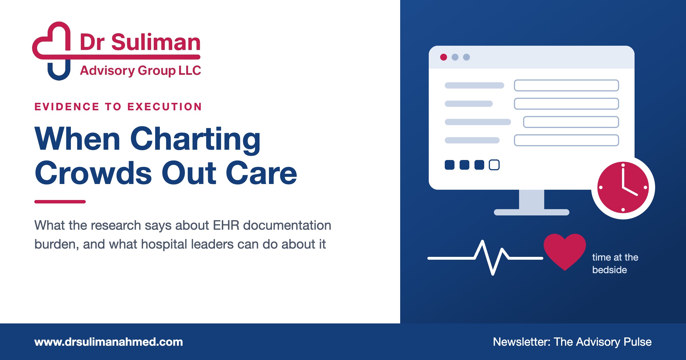 DSAG graphic: When Charting Crowds Out Care, with an EHR screen, a clock and a heartbeat